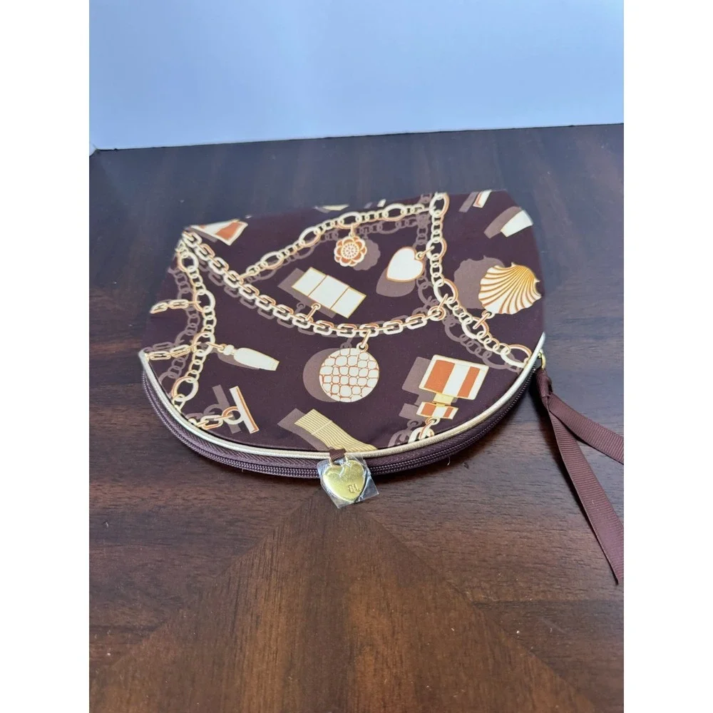 Estee Lauder Brown Cosmetic Makeup Bag with Gold Chain Print Travel Pouch‎